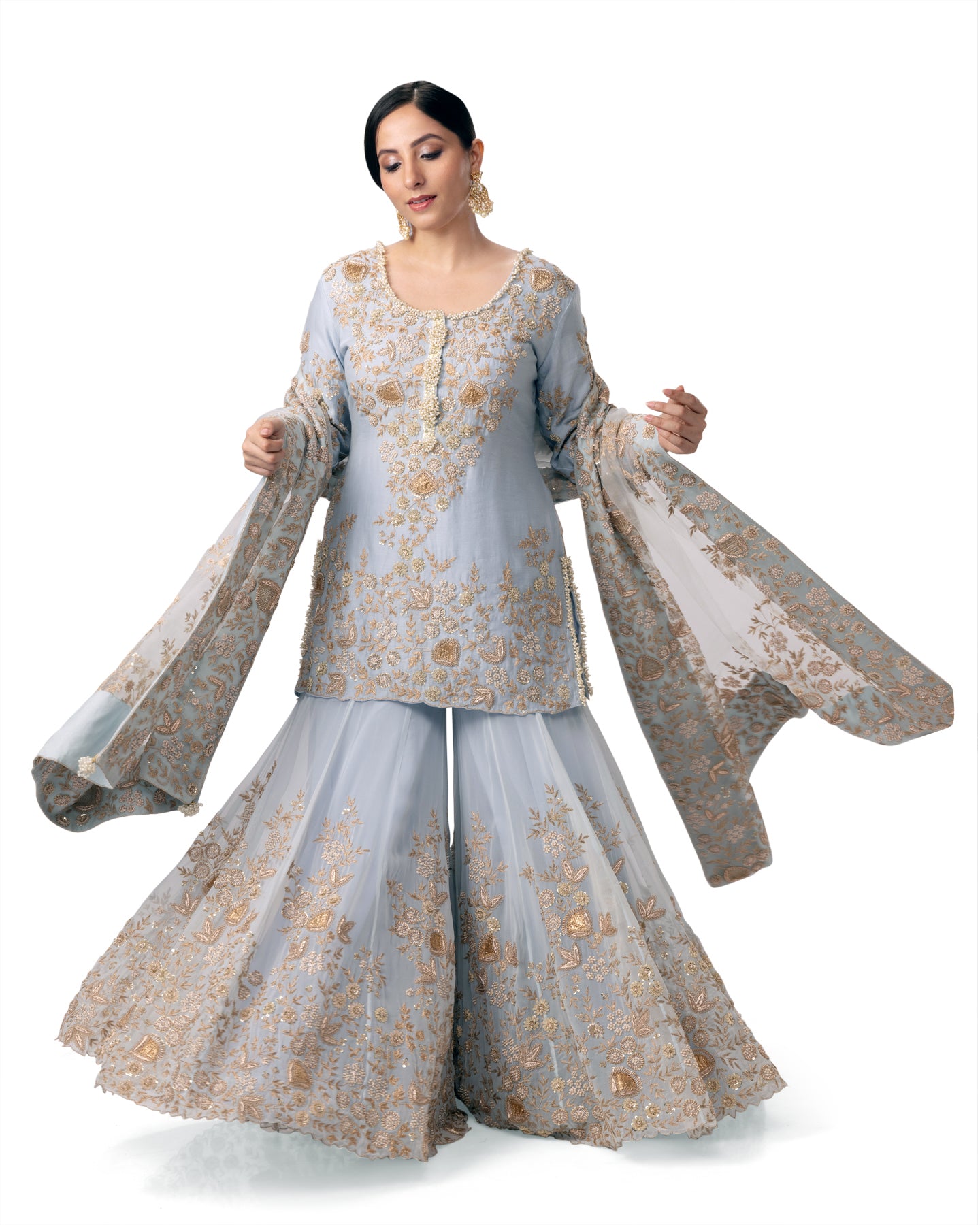 PASTEL BLUE FLORAL EMBROIDERED SHARARA